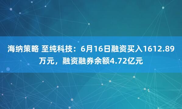 海纳策略 至纯科技：6月16日融资买入1612.89万元，融资融券余额4.72亿元
